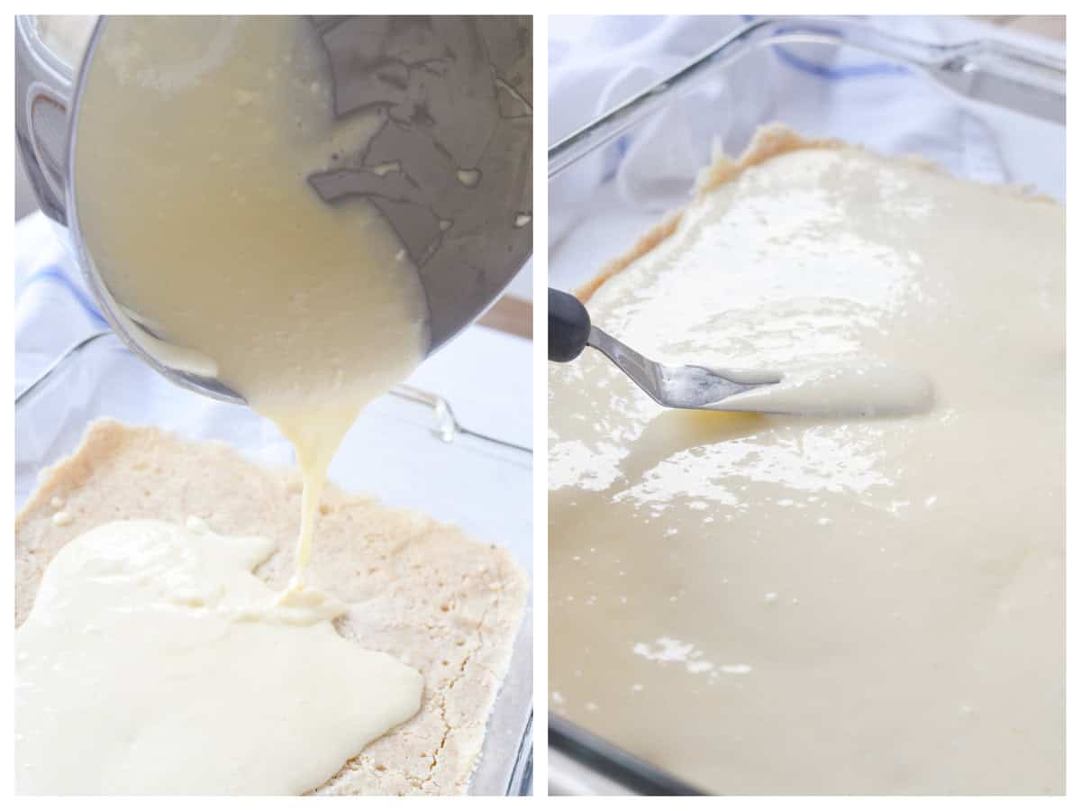 spreading cream cheese layer over shortbread crust