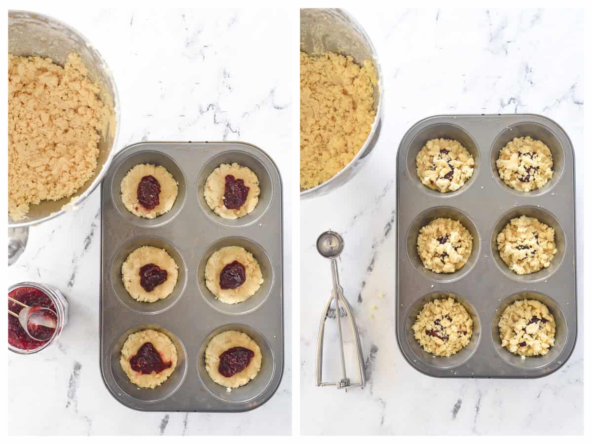 adding jam and crumble topping to jam tarts