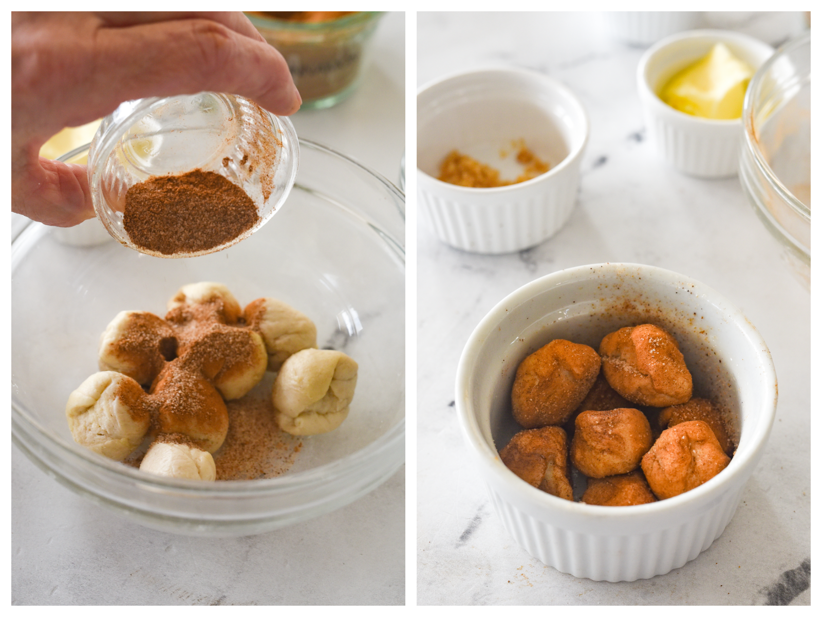 mixing cinnamon and sugar together and coating biscuits pieces in it