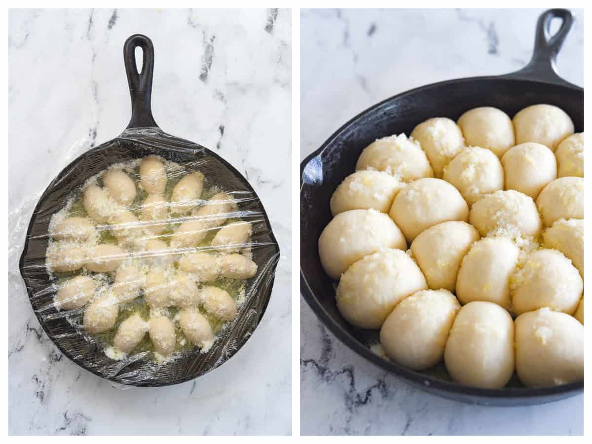 sugar sprinkled over rolls and rolls rising in pan