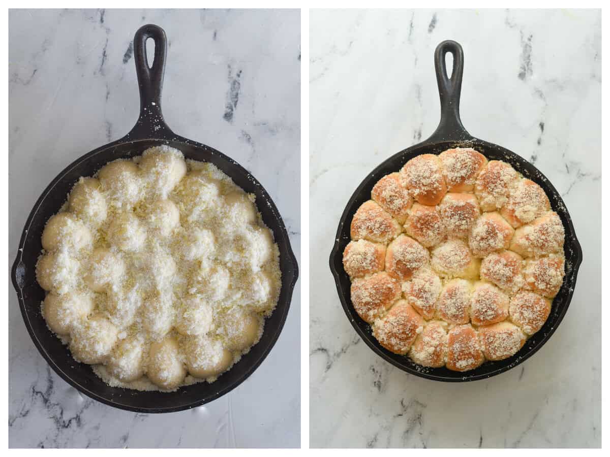lemon pull apart rolls in a cast iron pan, golden brown