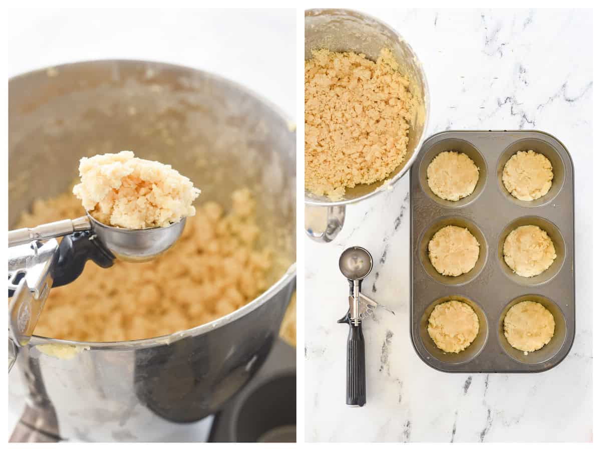 adding shortbread dough to bottom of muffin tin.