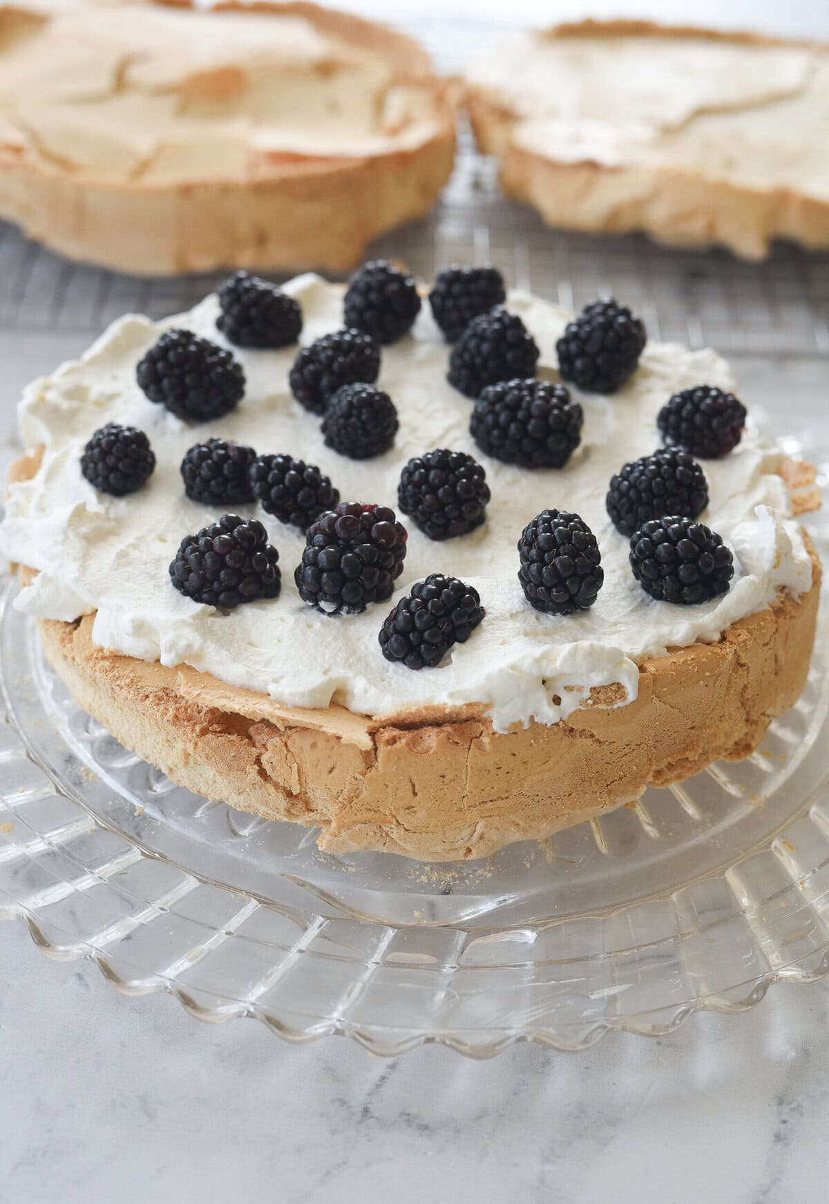 meringue layer with whipped cream and berries on top