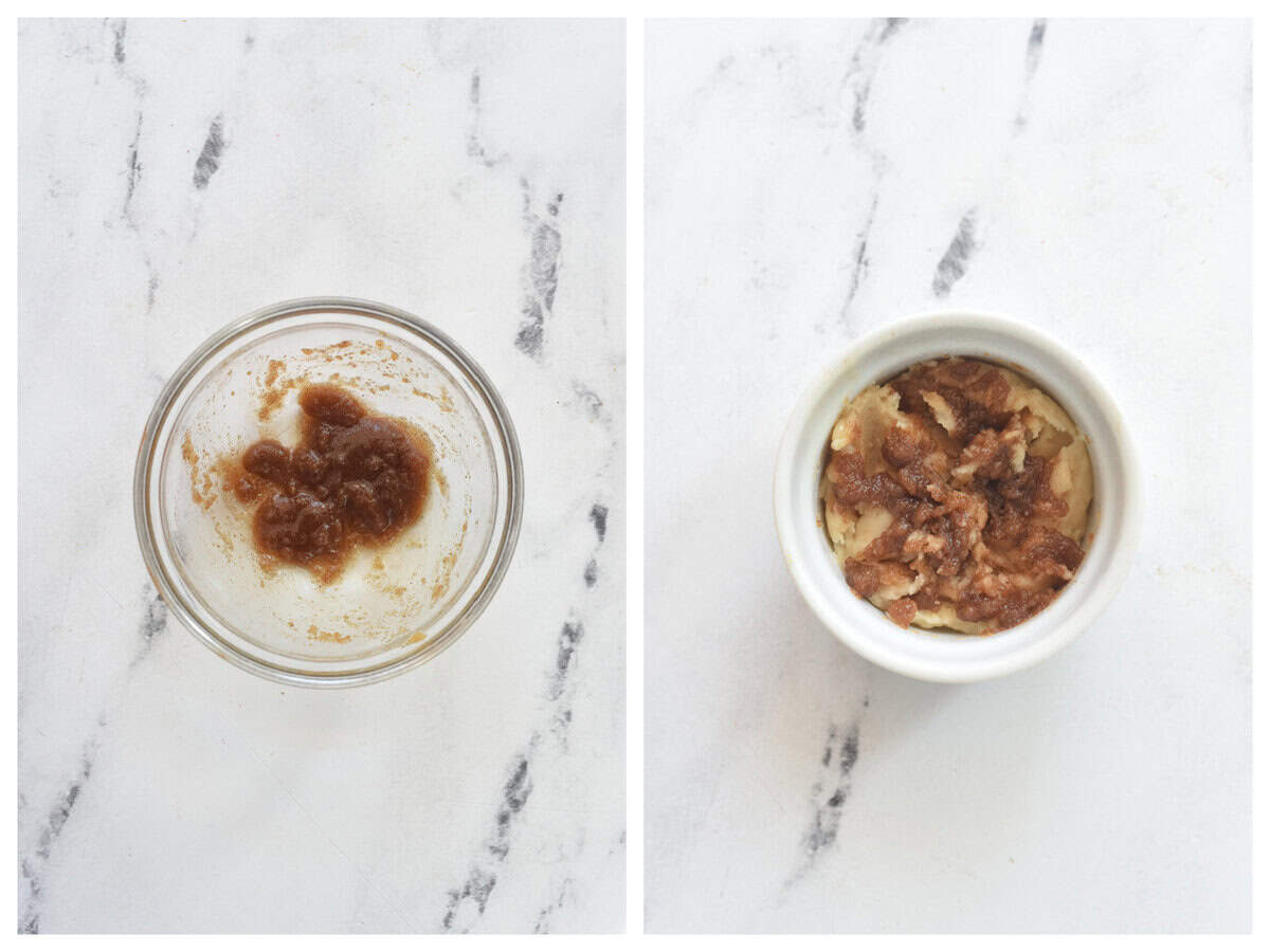 mixing streusel topping into mug coffee cake
