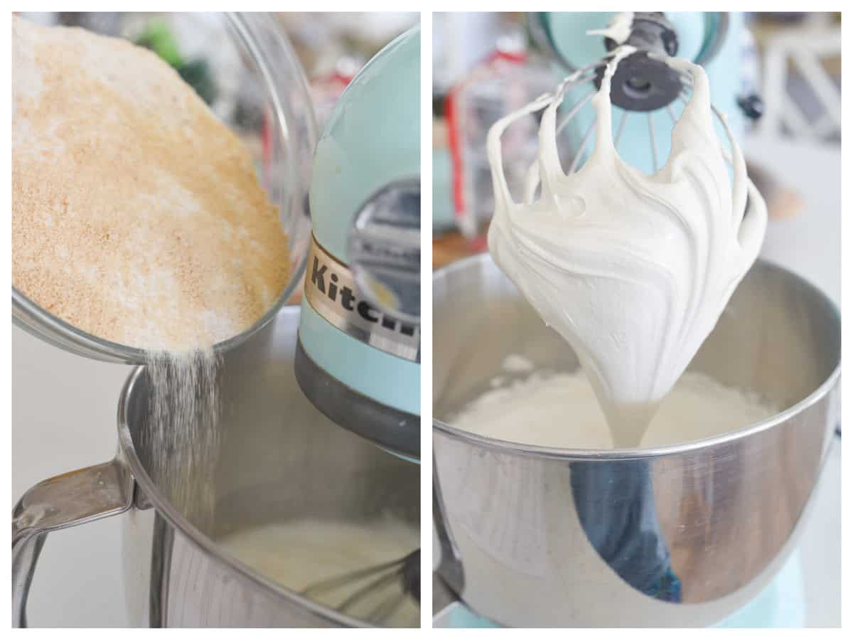 adding sugar to meringue in stand mixer