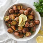 overhead shot of bowl of greek lemon potatoes
