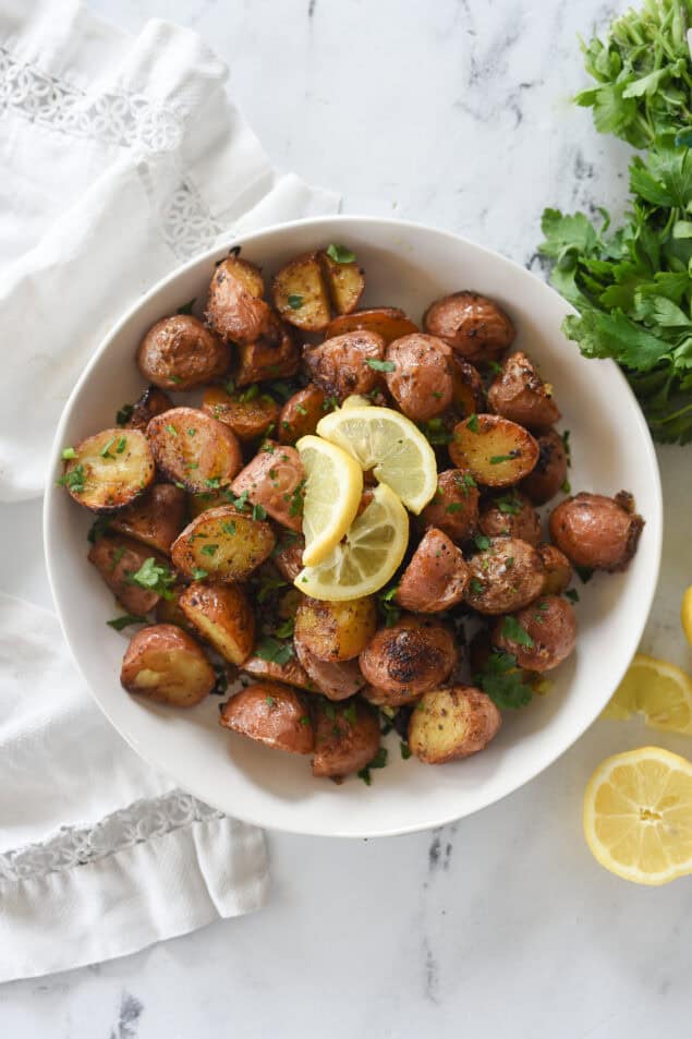overhead shot of bowl of greek lemon potatoes
