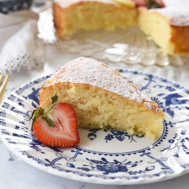 slice of lemon ricotta cake on a plate
