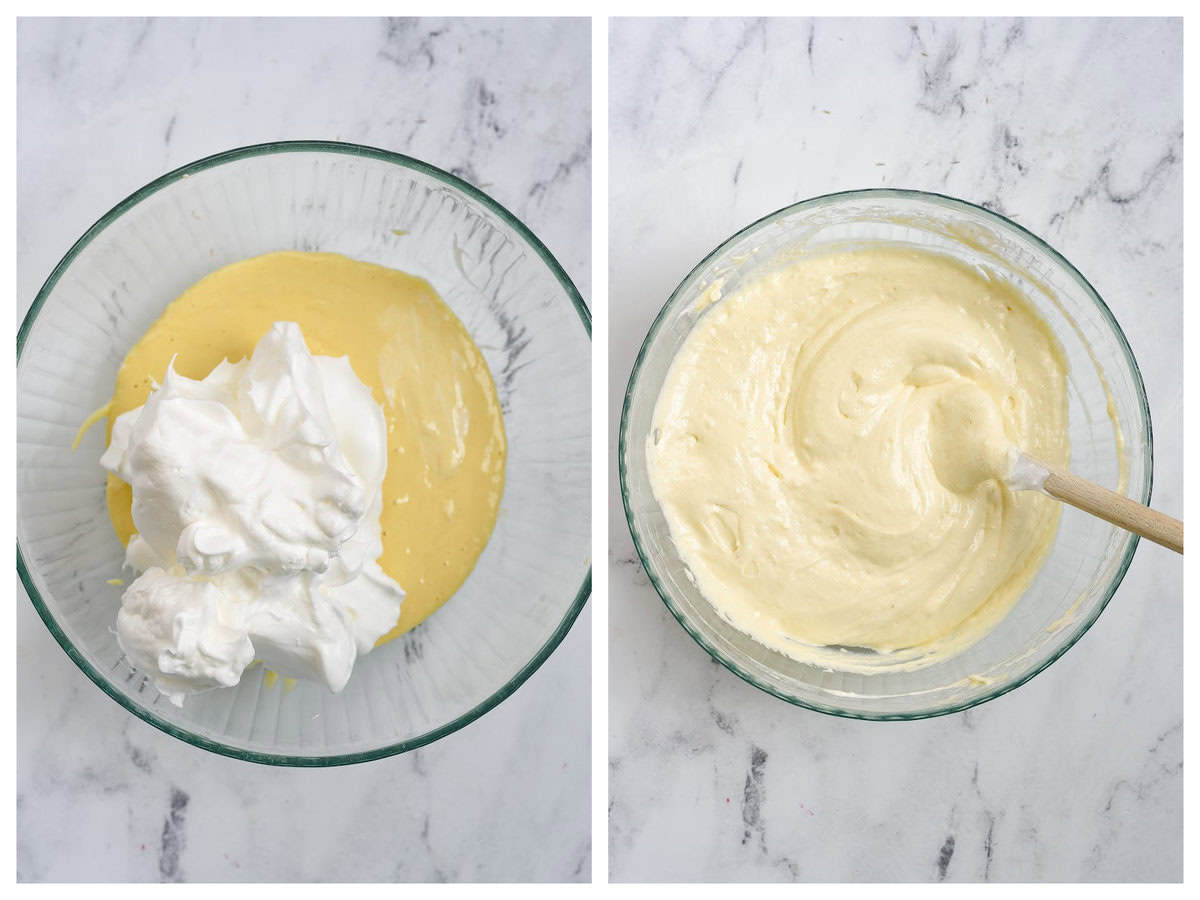 adding whipped egg whites into cake batter for sponge cake.