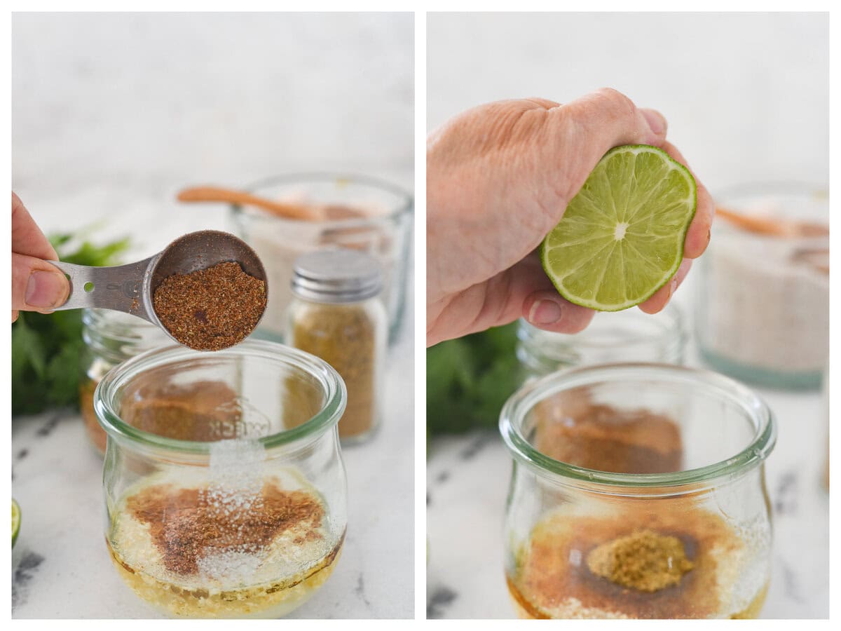 adding lime juice and taco seasoning to taco salad dressing