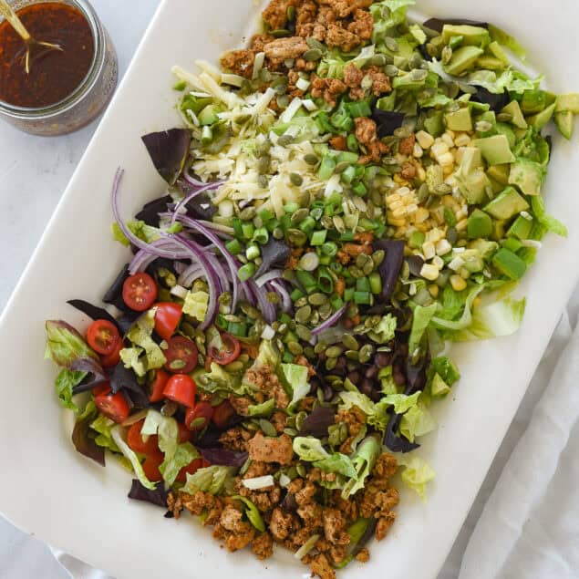 overhead shot of chicken taco salad