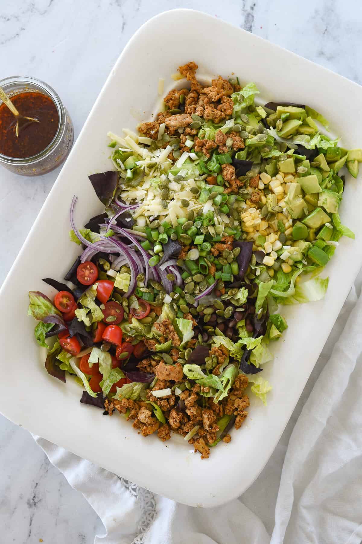 overhead shot of chicken taco salad