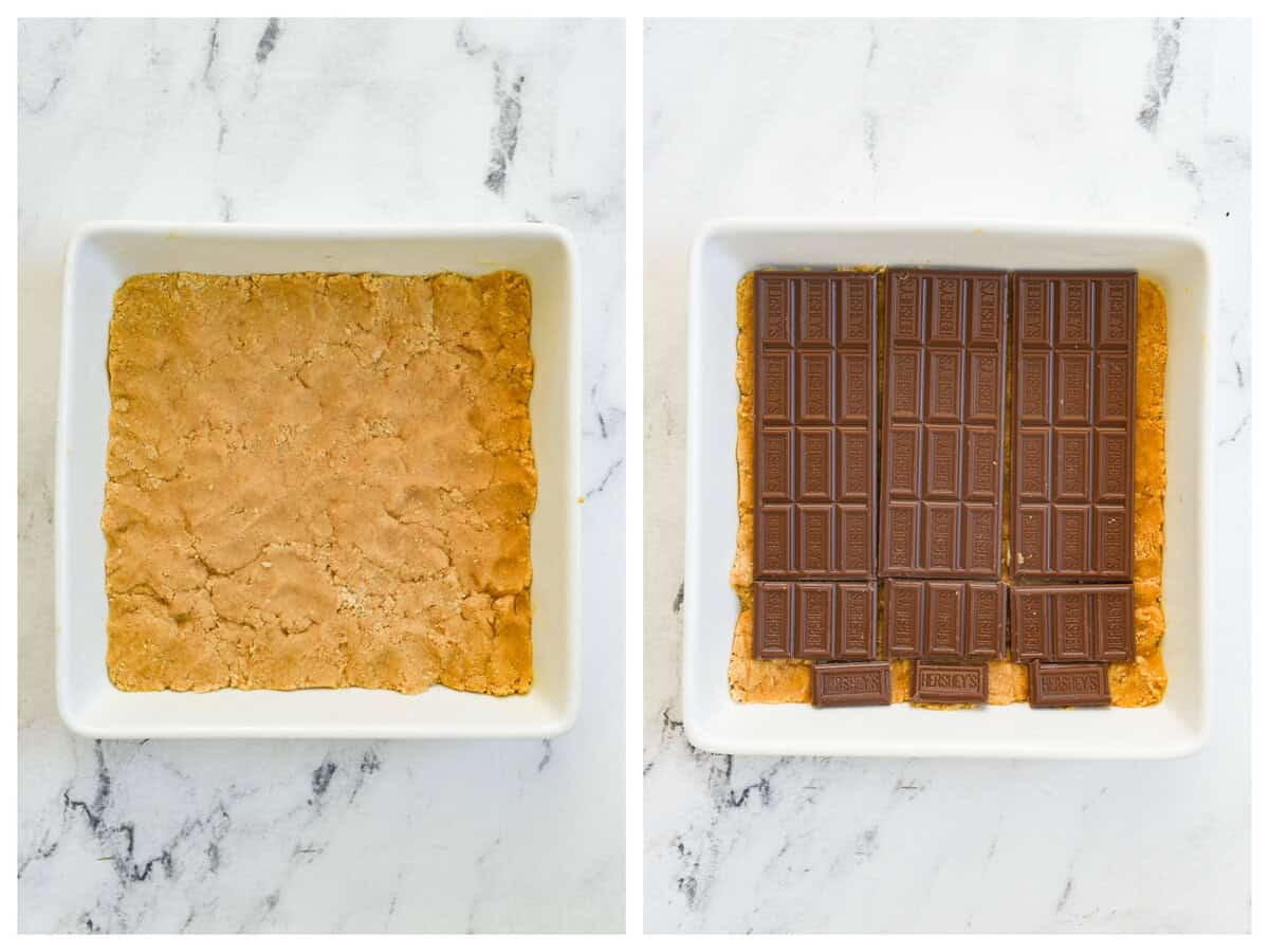 graham cracker crumb mixture in bottom of pan and chocolate bars on top