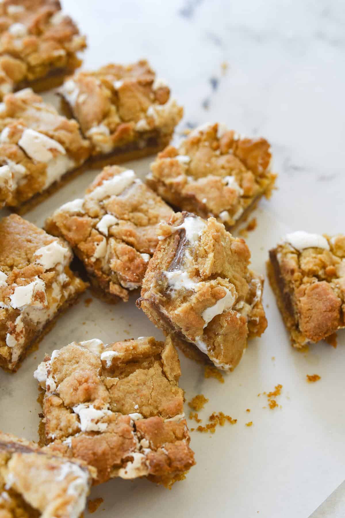 overhead shot of s'mores bars on a white counter