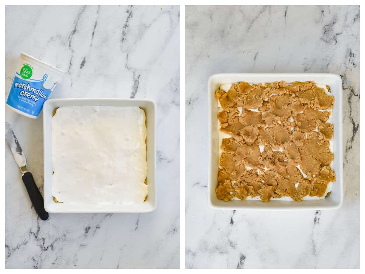 adding marshmallow creme layer and more graham cracker crust on s'mores bars
