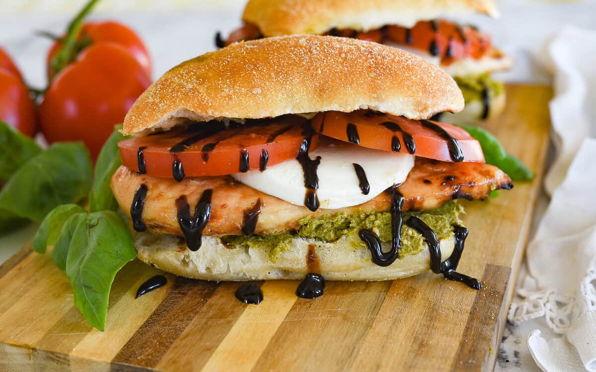 side view of a chicken caprese sandwich
