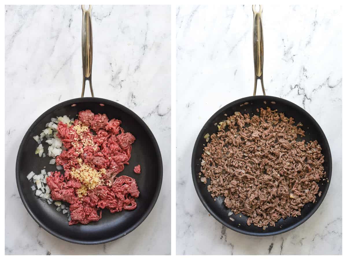 before and after photo of browning ground beef in a frying pan