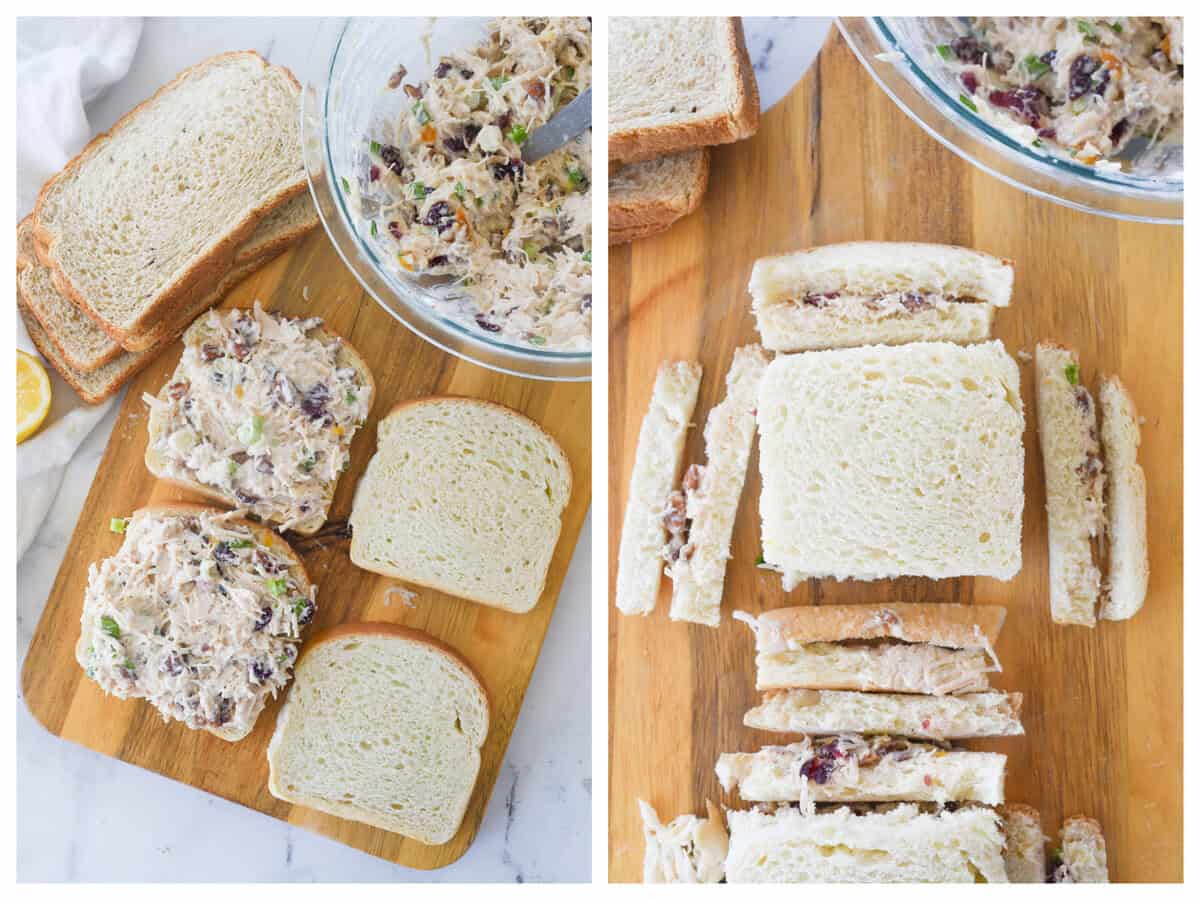spreading chicken salad on bread for tea sandwiches
