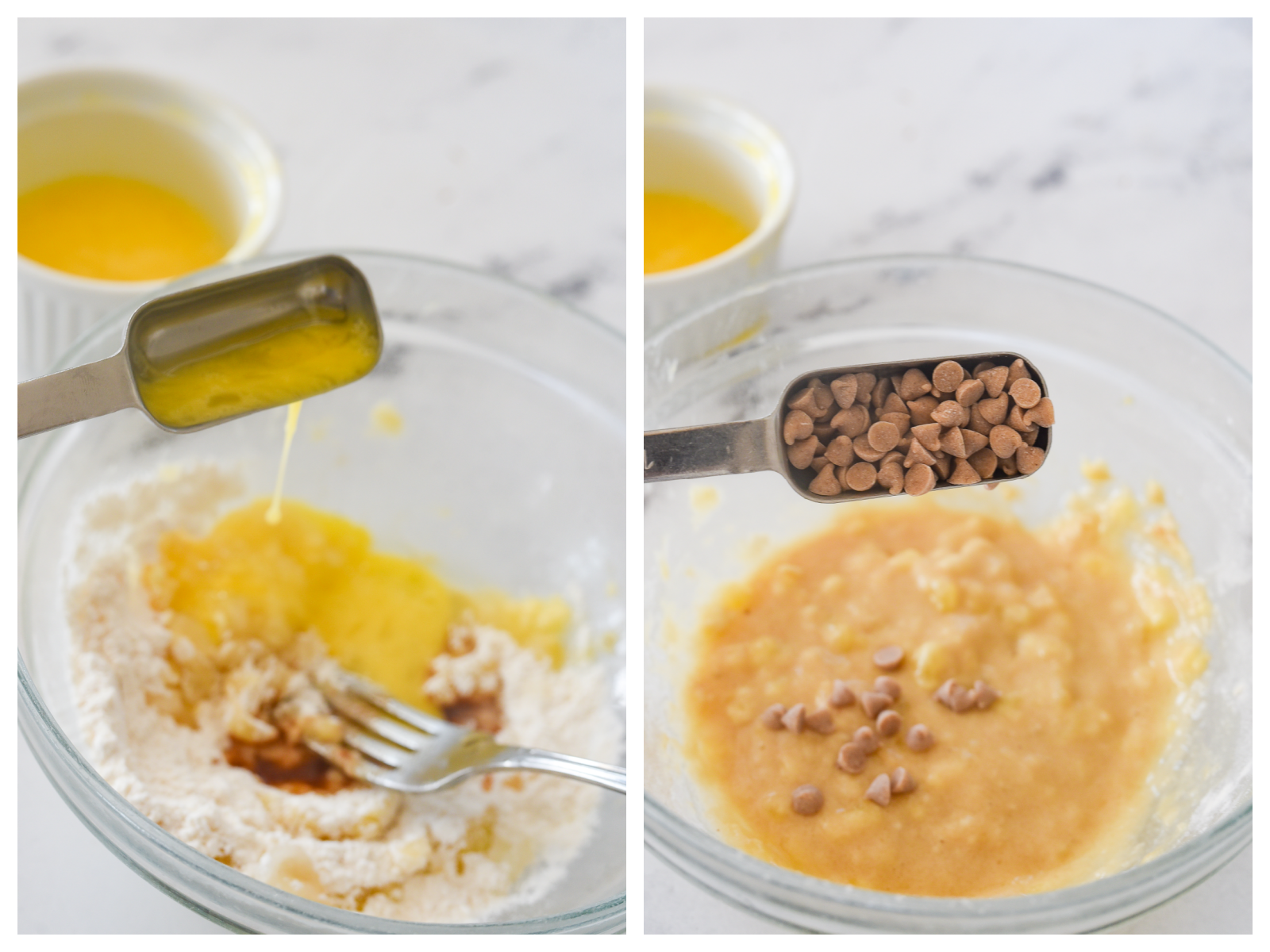 adding egg and cinnamon chips to banana bread for one