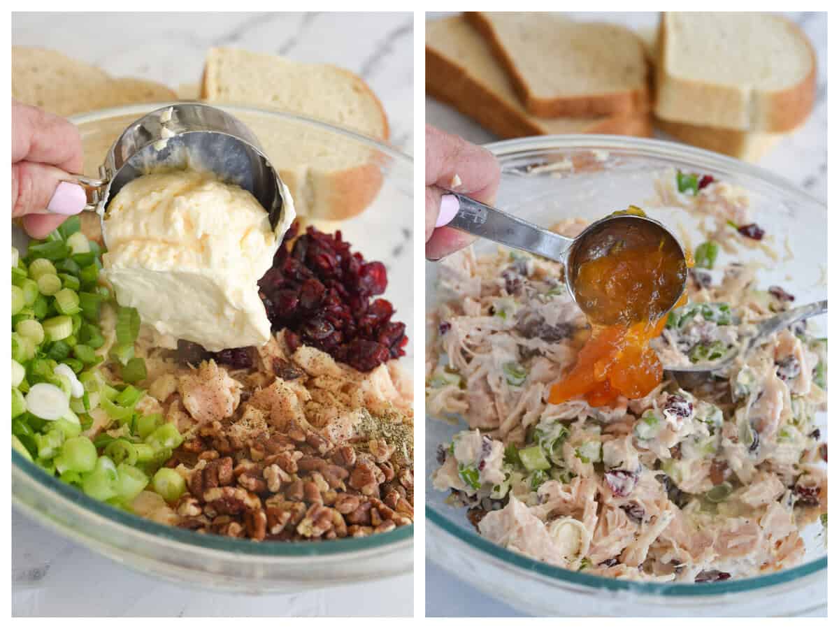 adding mayo and peach jam into chicken salad mixture