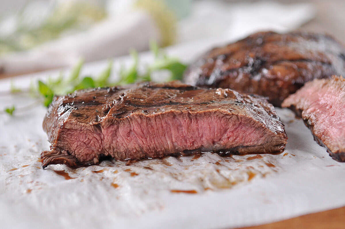 sliced marinaded flat iron steak