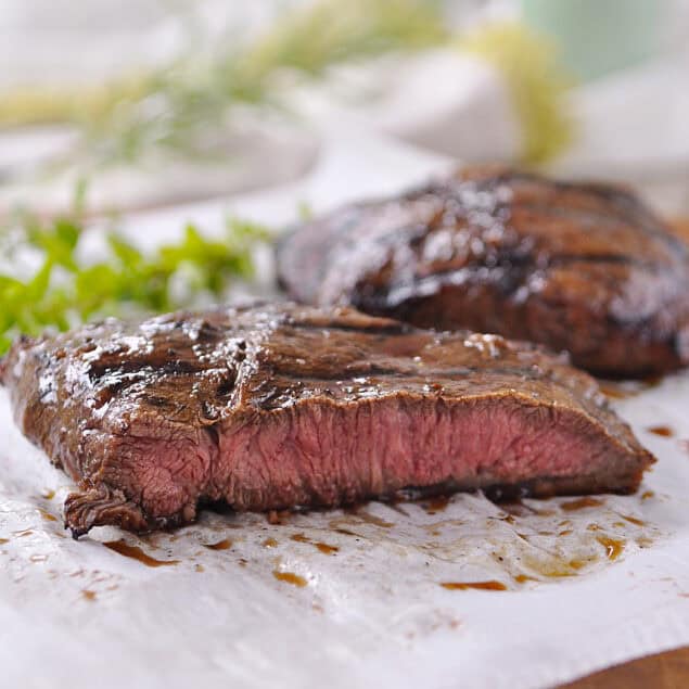 flat iron steak sliced on parchment paper