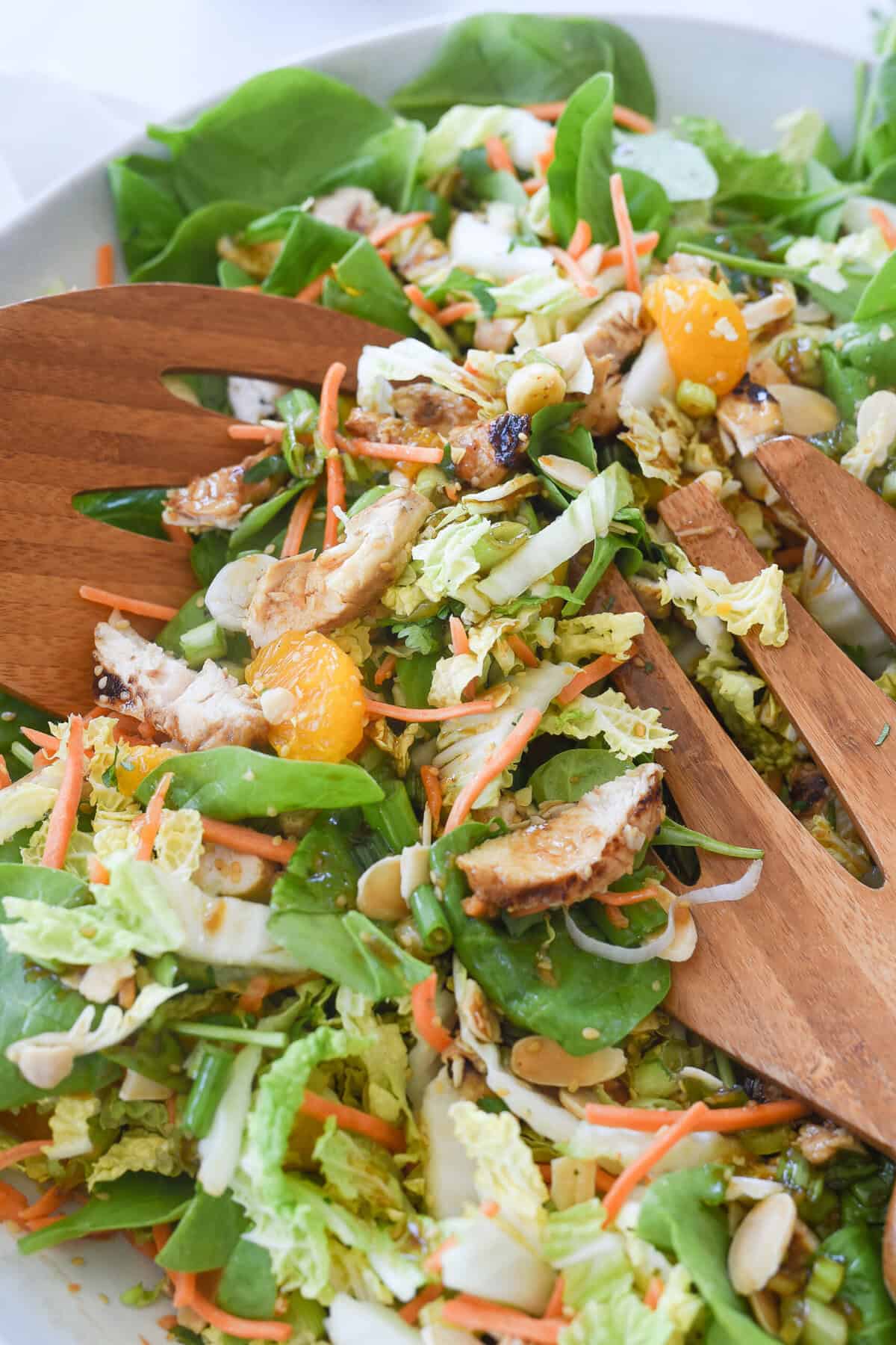 close up of salad in bowl with salad tongs
