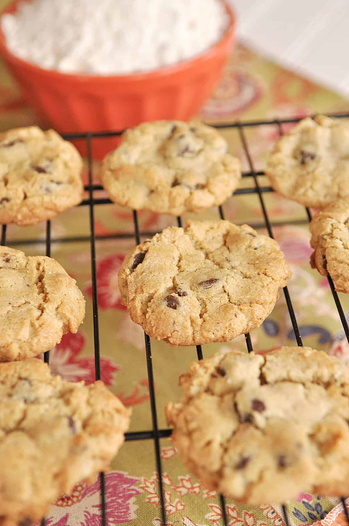 gluten free chocolate chip cookies on a cooling rack
