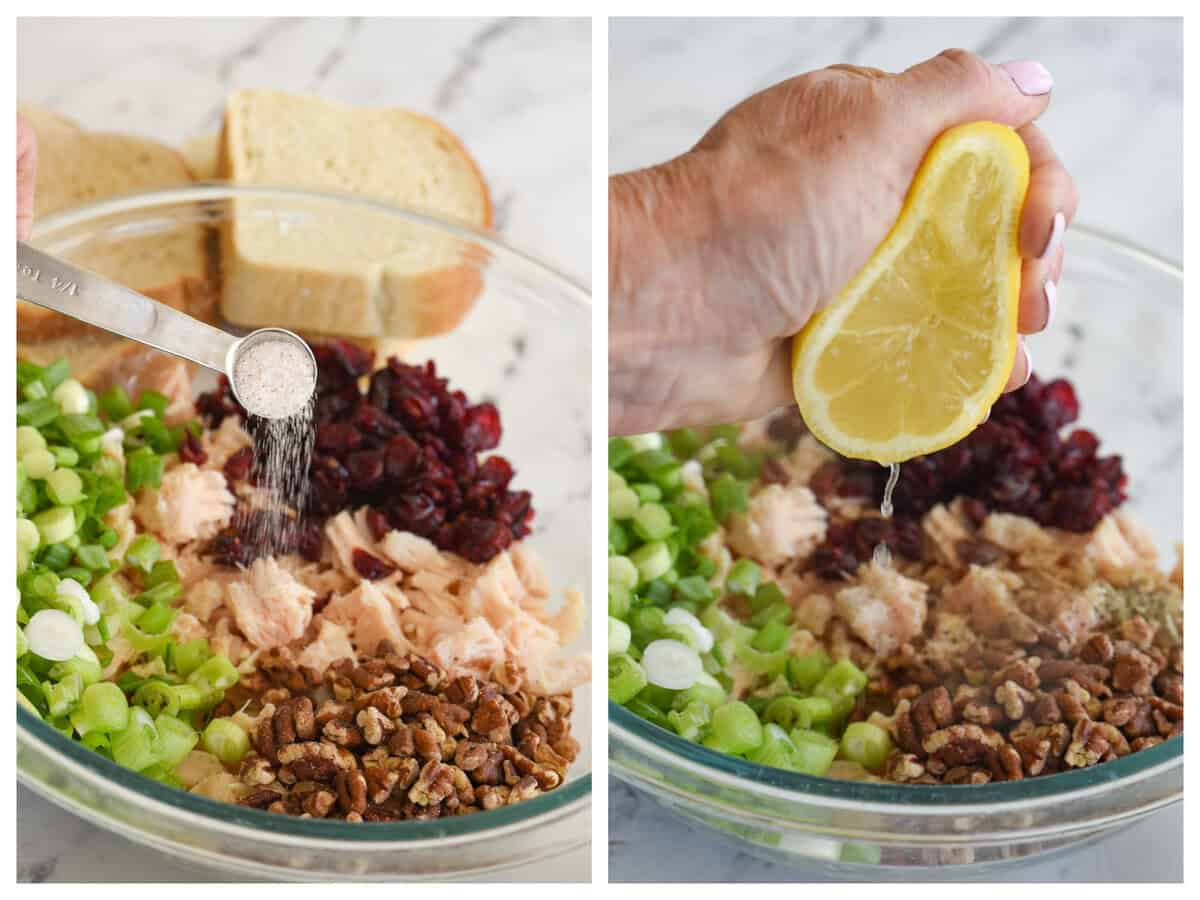 adding salt and lemon juice to chicken salad
