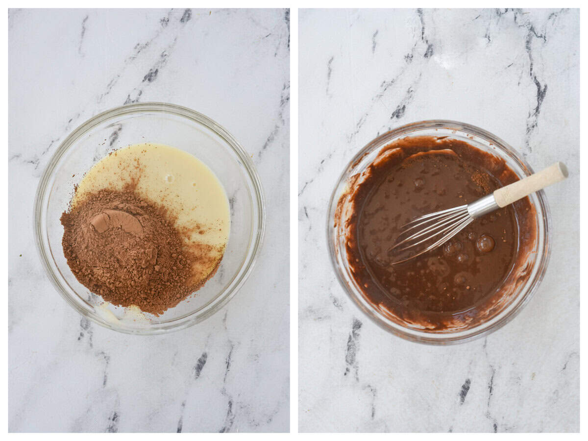 mixing together cocoa powder and evaported milk