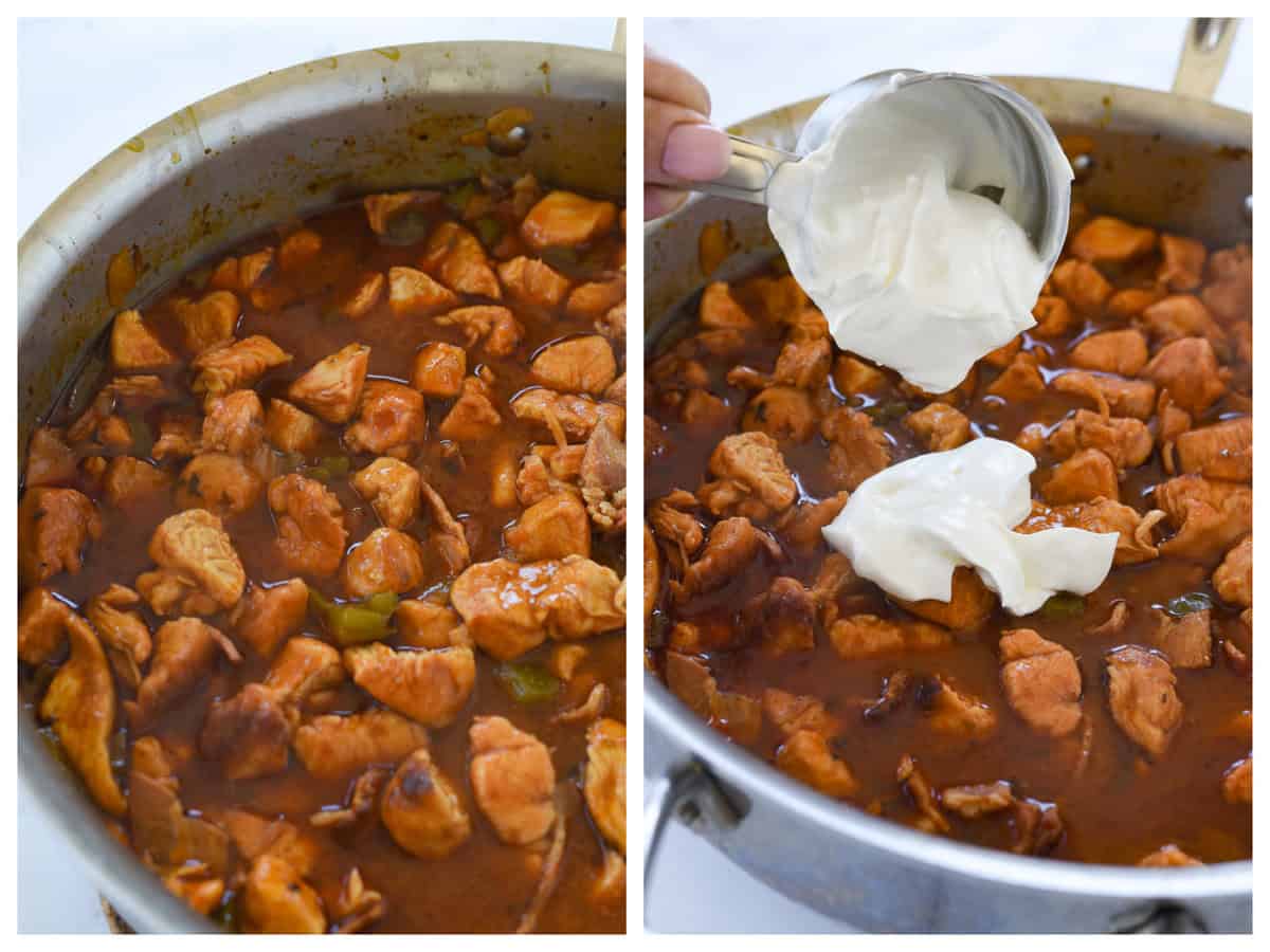 adding sour cream into chicke mixture in frying pan
