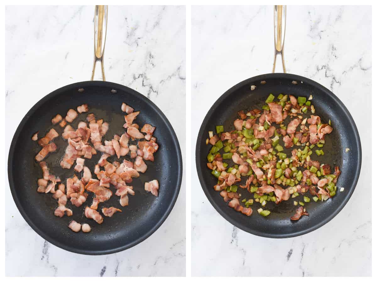 browning bacon in a frying pan
