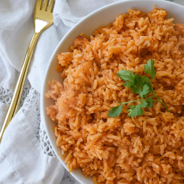 close up of bowl of mexican rice
