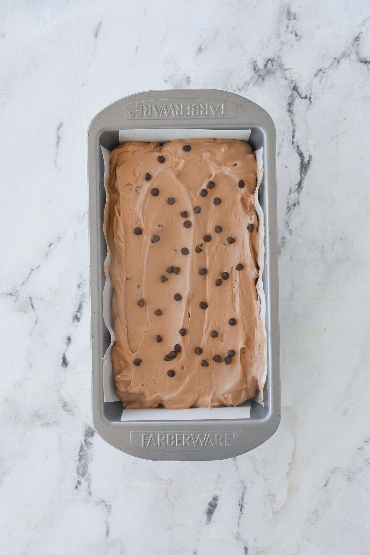 chocolate no churn ice cream in a 9 x 5 inch loaf pan.