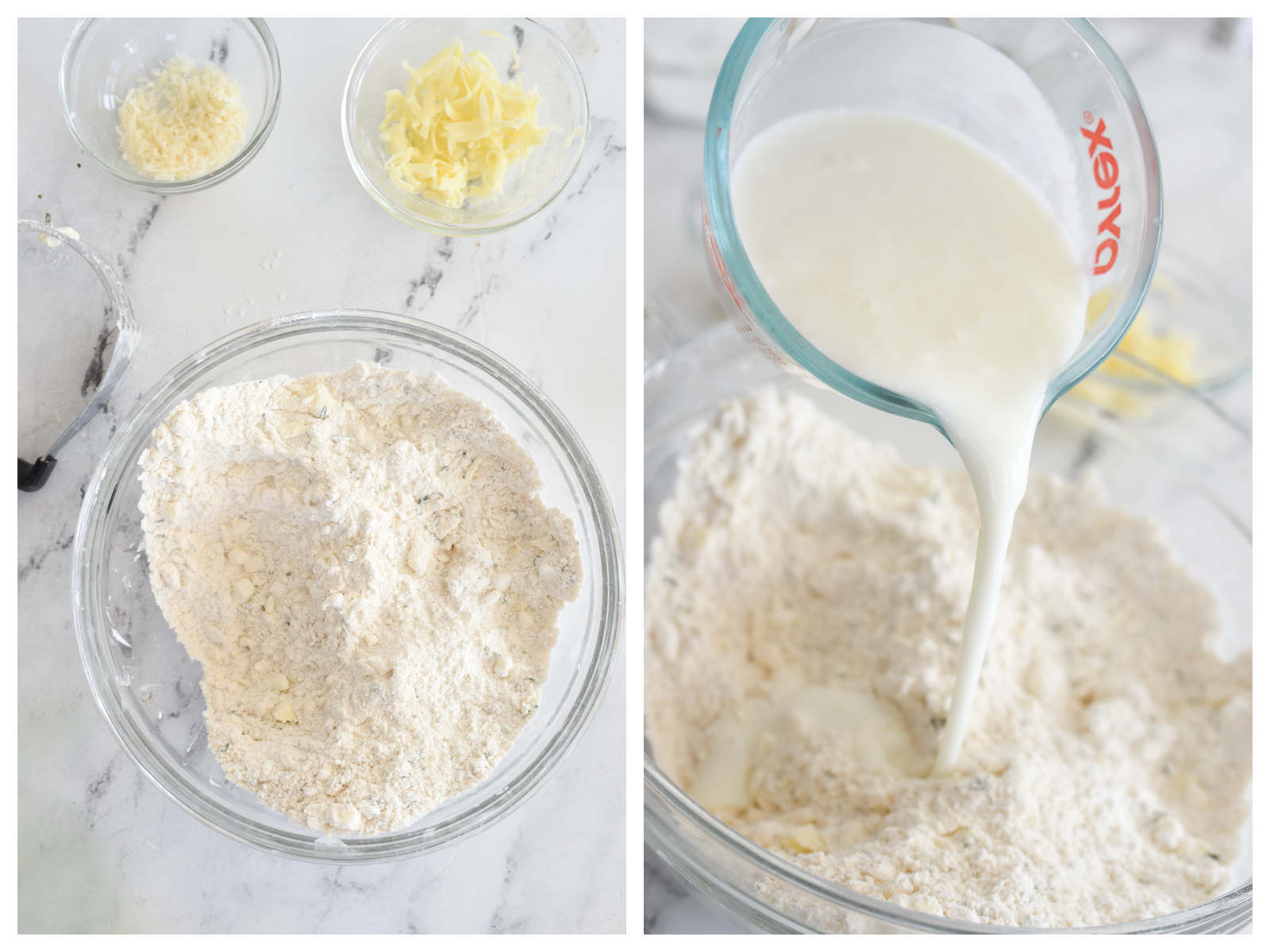 adding milk to savory scone dough
