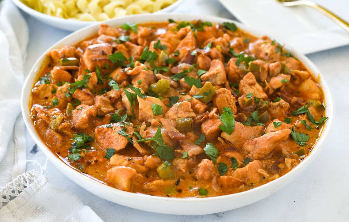 CHICKE PAPRIKISH IN A WHITE BOWL
