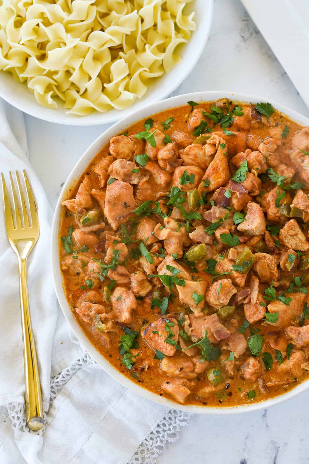 Chicken Paprikash overhead shot of chicken paprikish in a white bowl