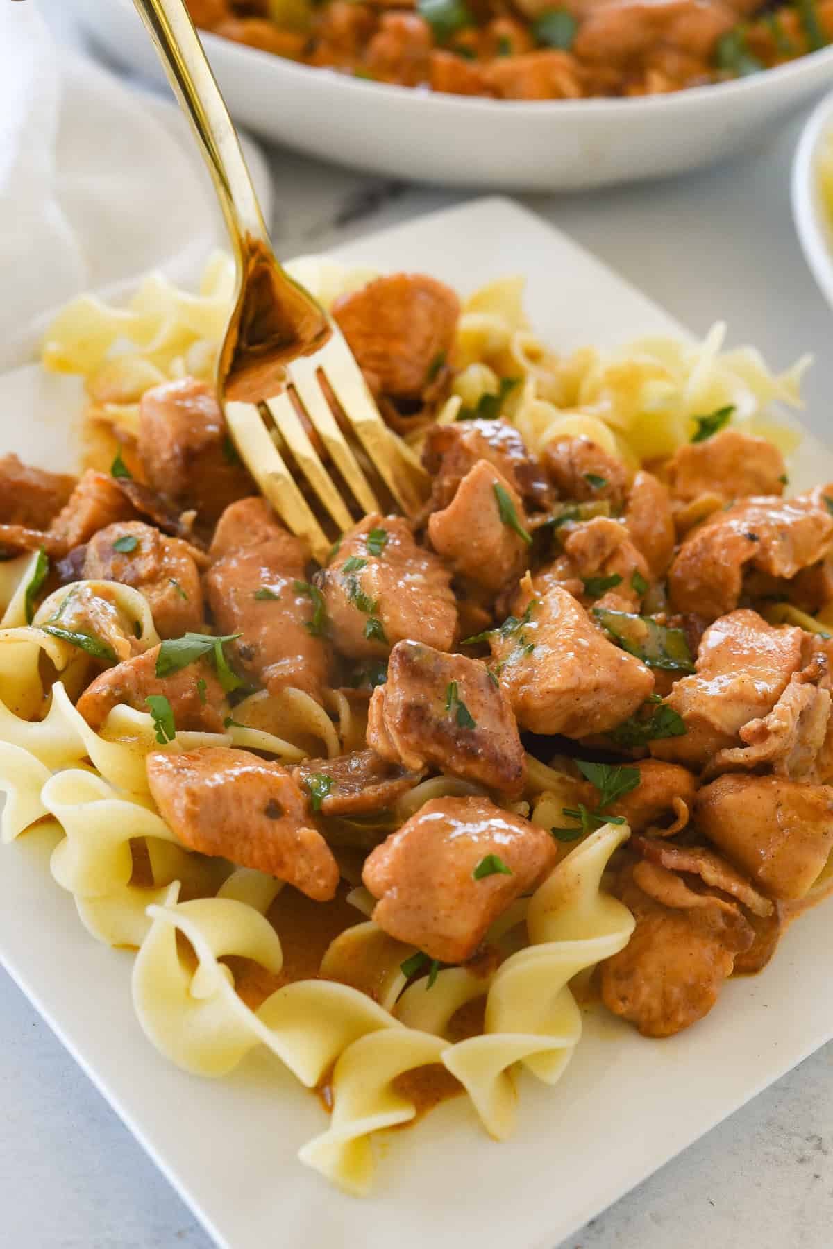 fork in chicken paprikish on a white plate
