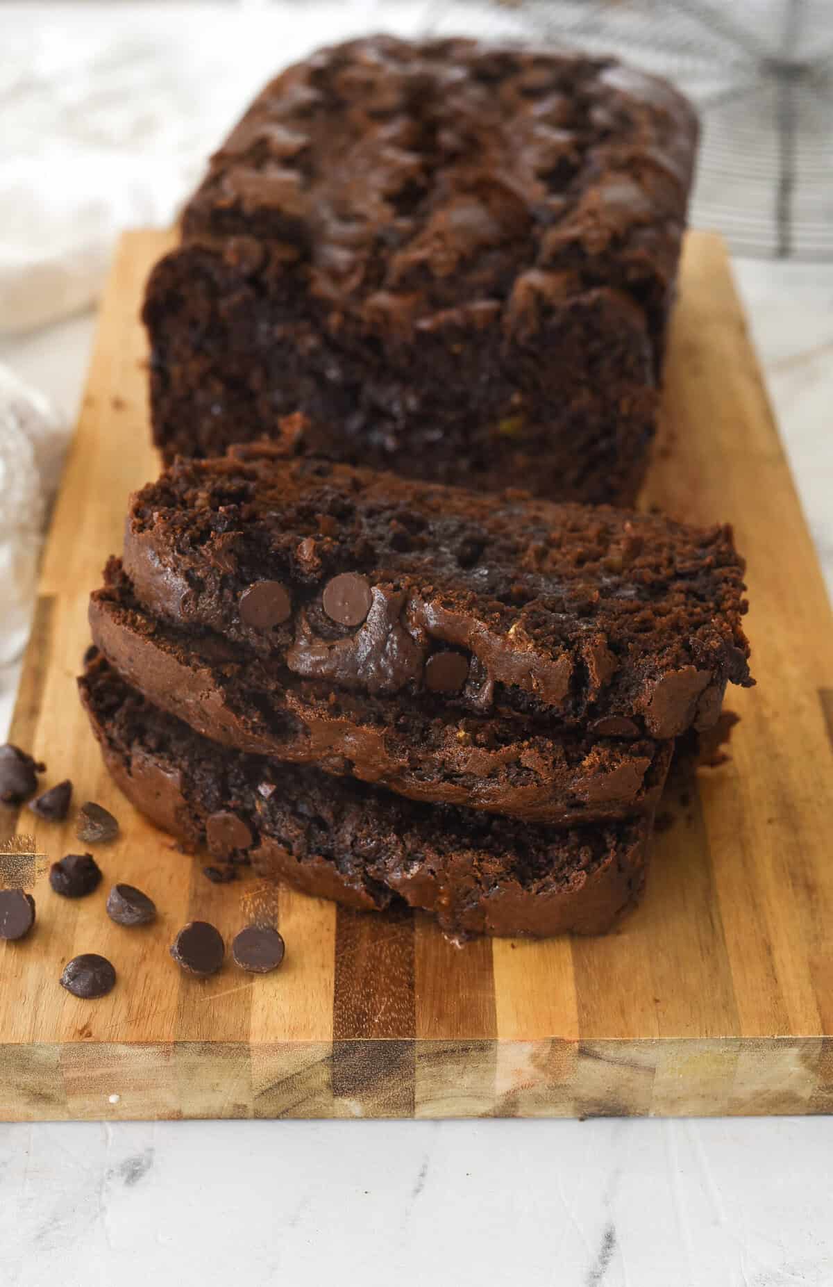 Three slices of chocolate zucchini bread