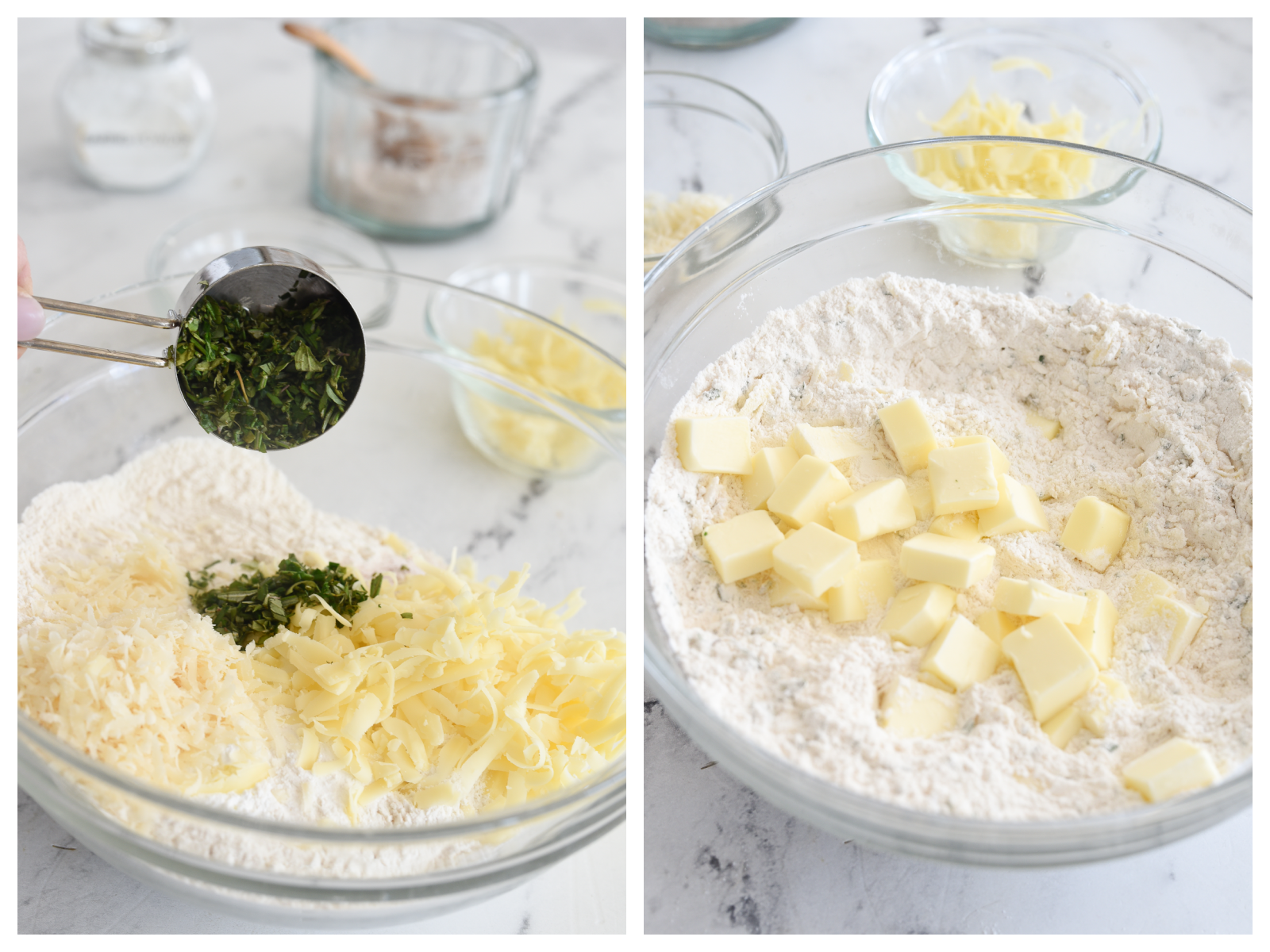 adding herbs and butter to herb cheese scone dough
