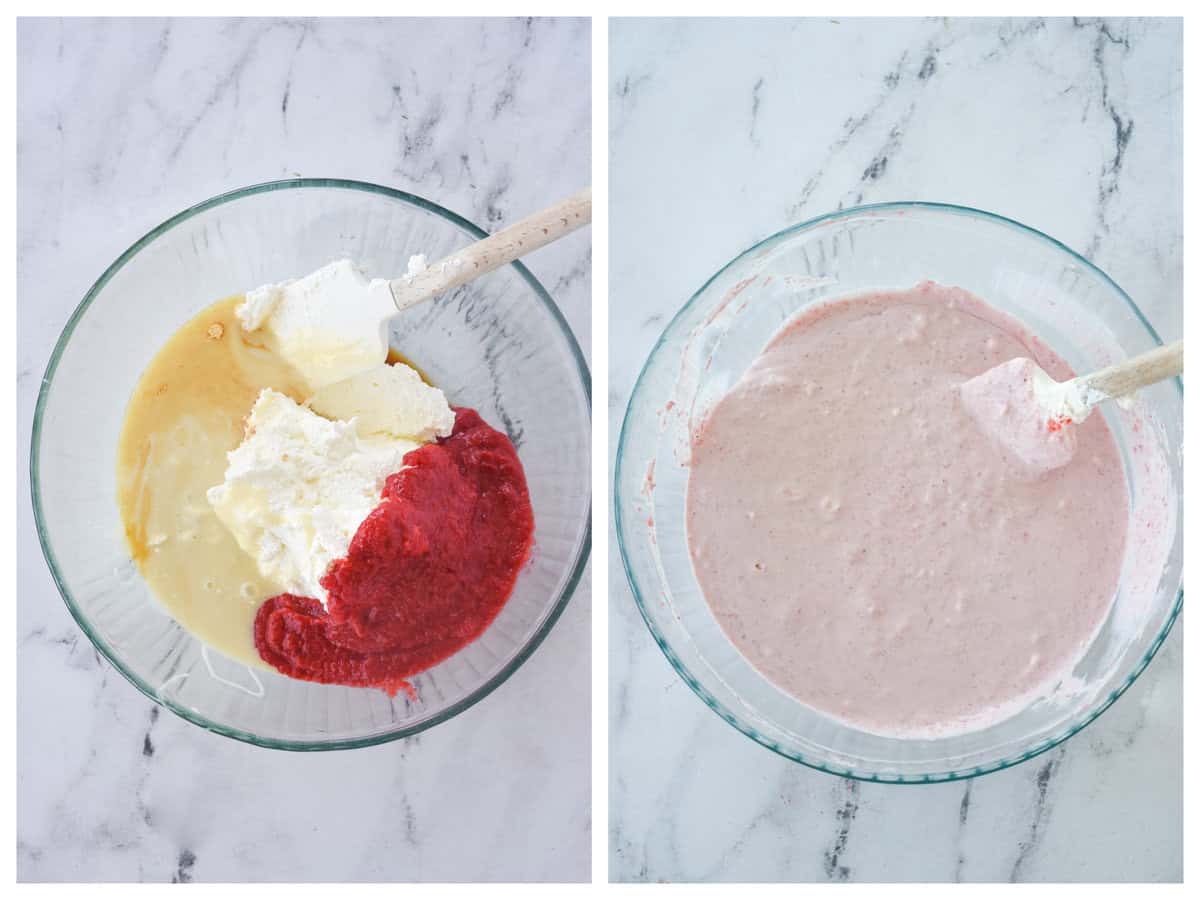 making strawberry no churn ice cream mixture