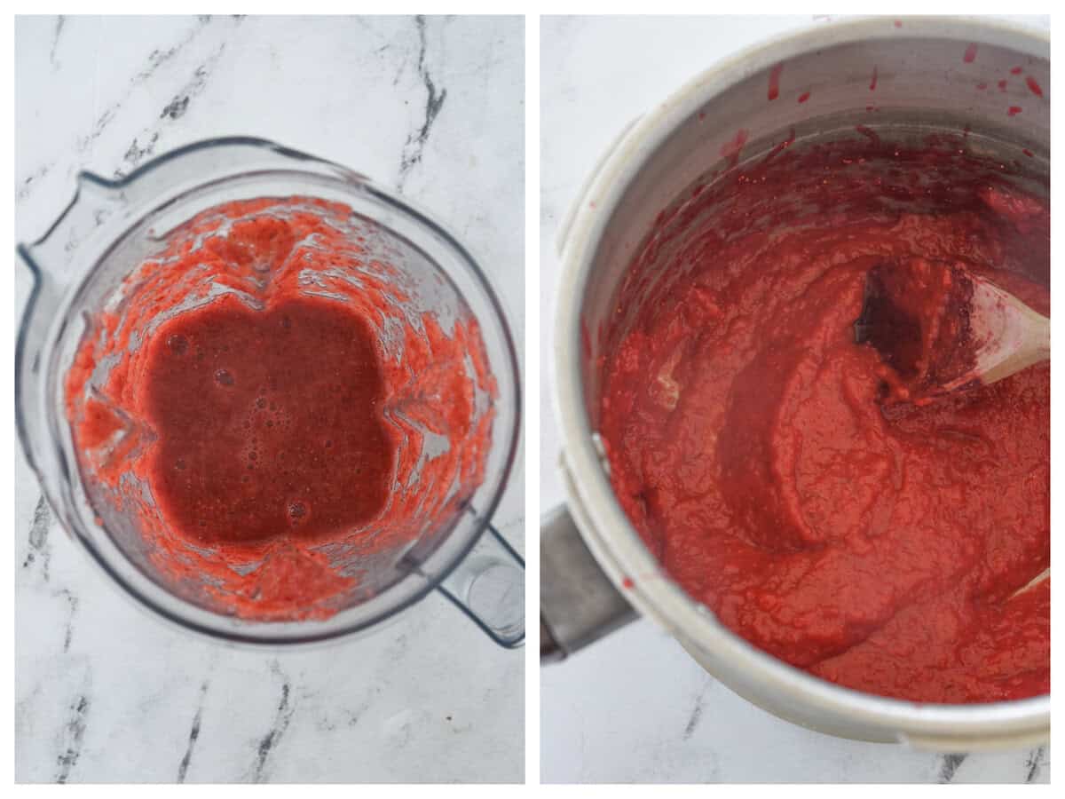 pureeing strawberries in blender
