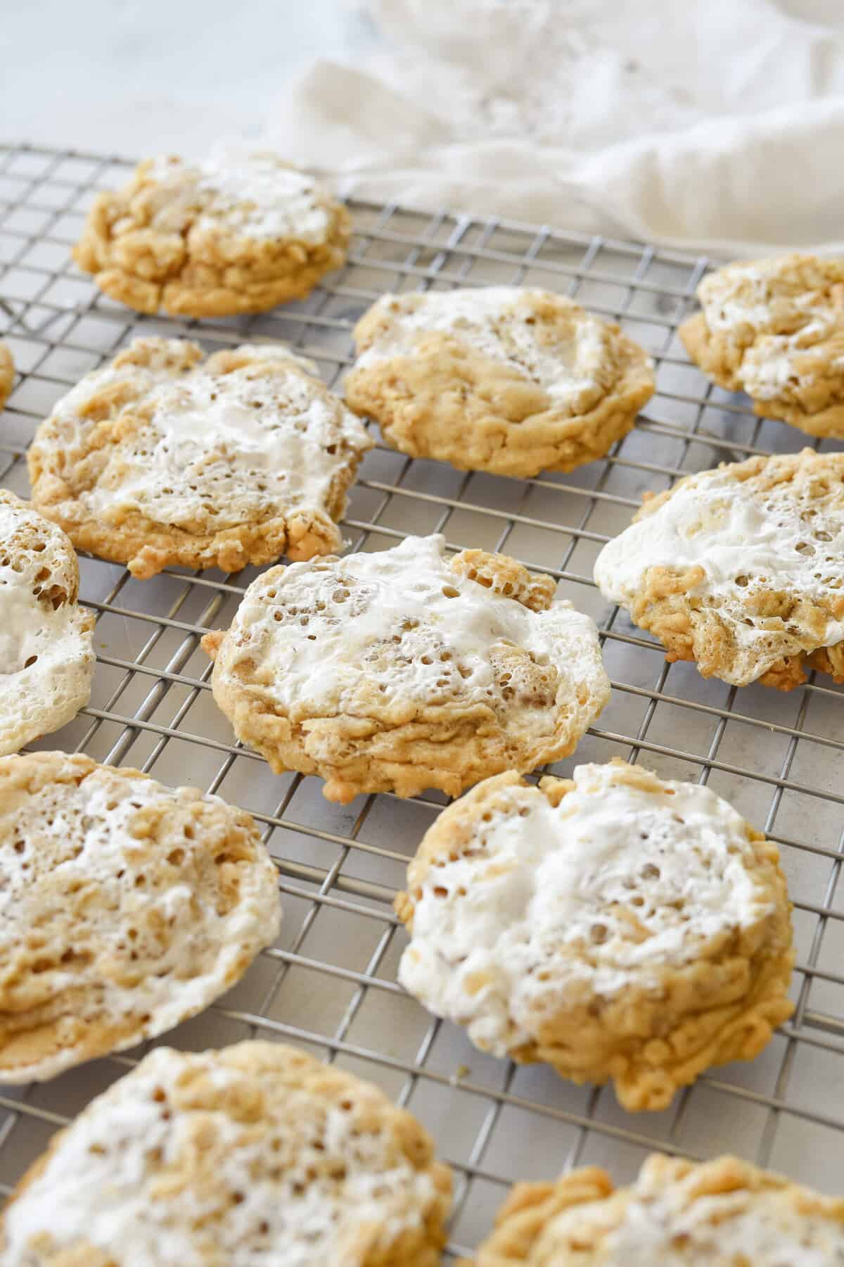 rice krispie cookies on a cooling rack
