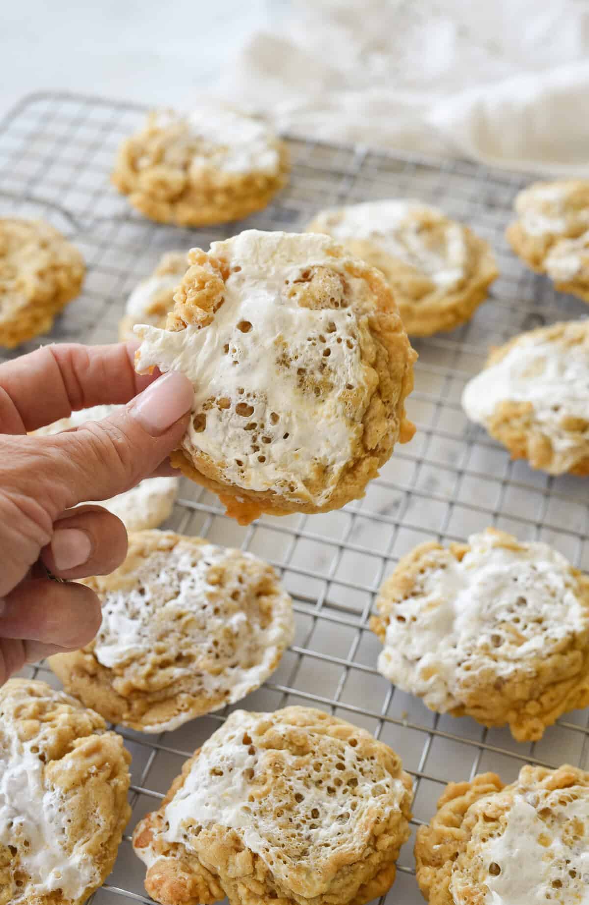 hand holding a rice krispie cookie