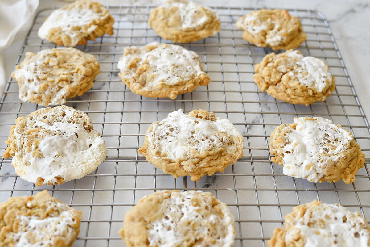 rice krispie cookies cooling on a baking rack