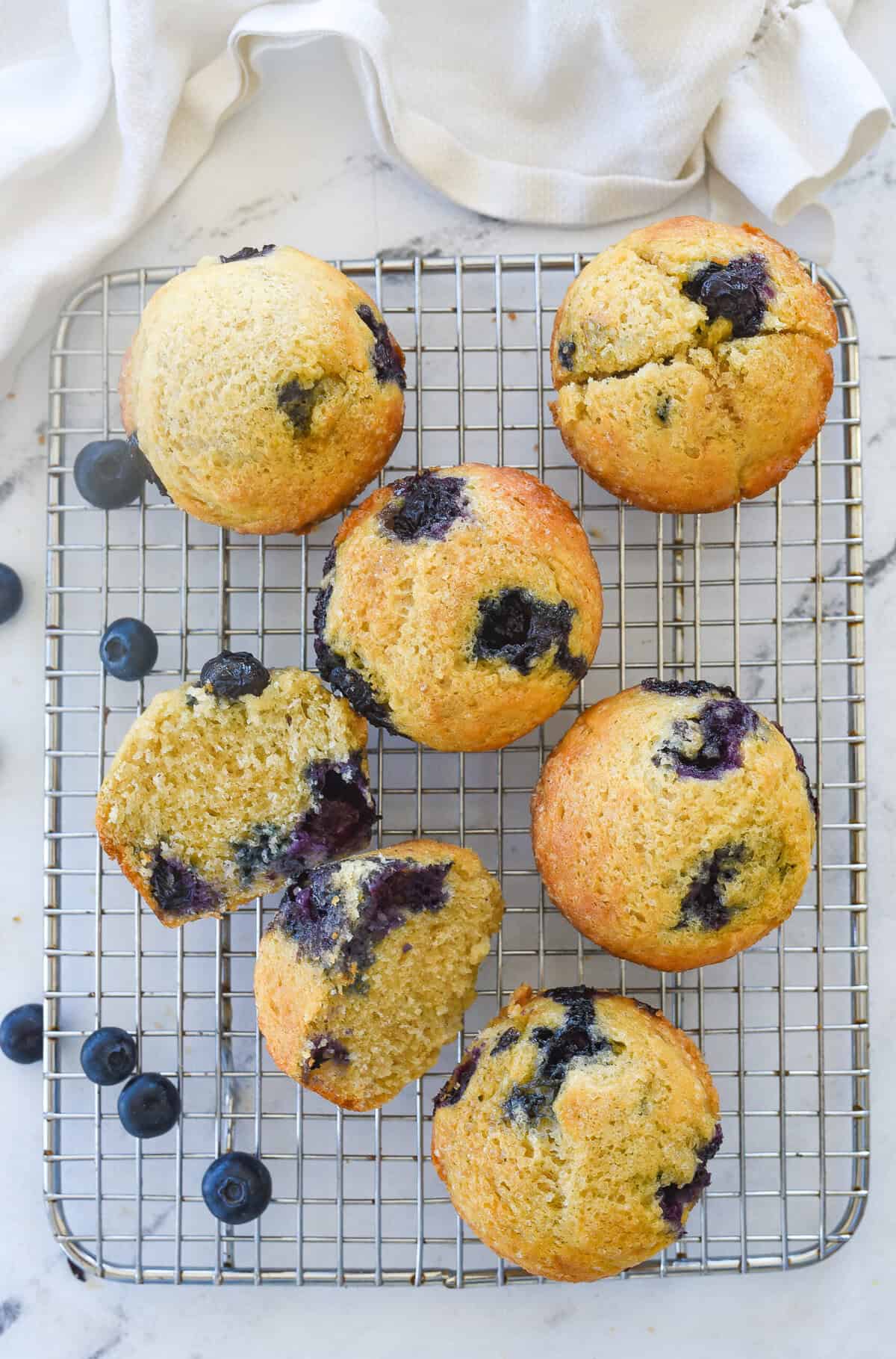 overhead shot of freezer muffins with one muffin cut open