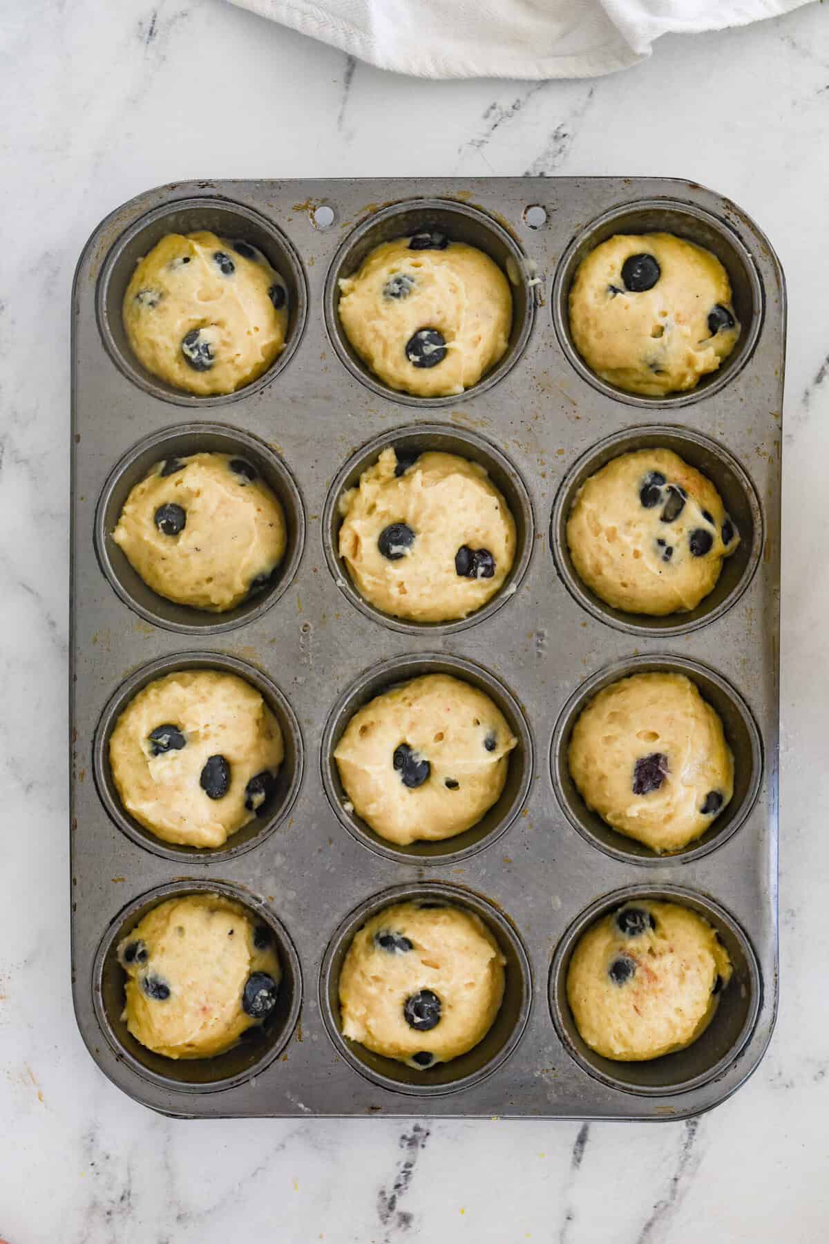 overhead shot of freezer muffin batter in pan