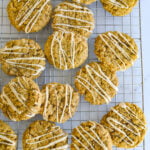 overhead shot of pumpkin oatmeal cookies on a cooling rack.