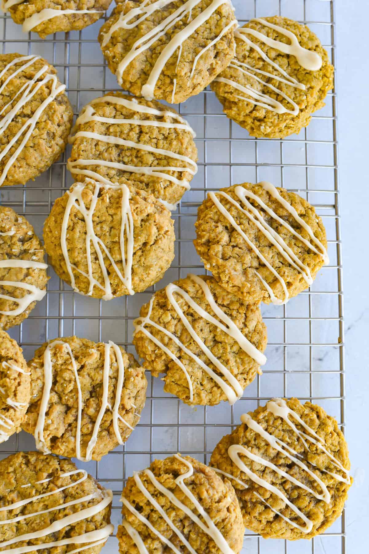 pumpkin oatmeal cookies on a cooling rack
