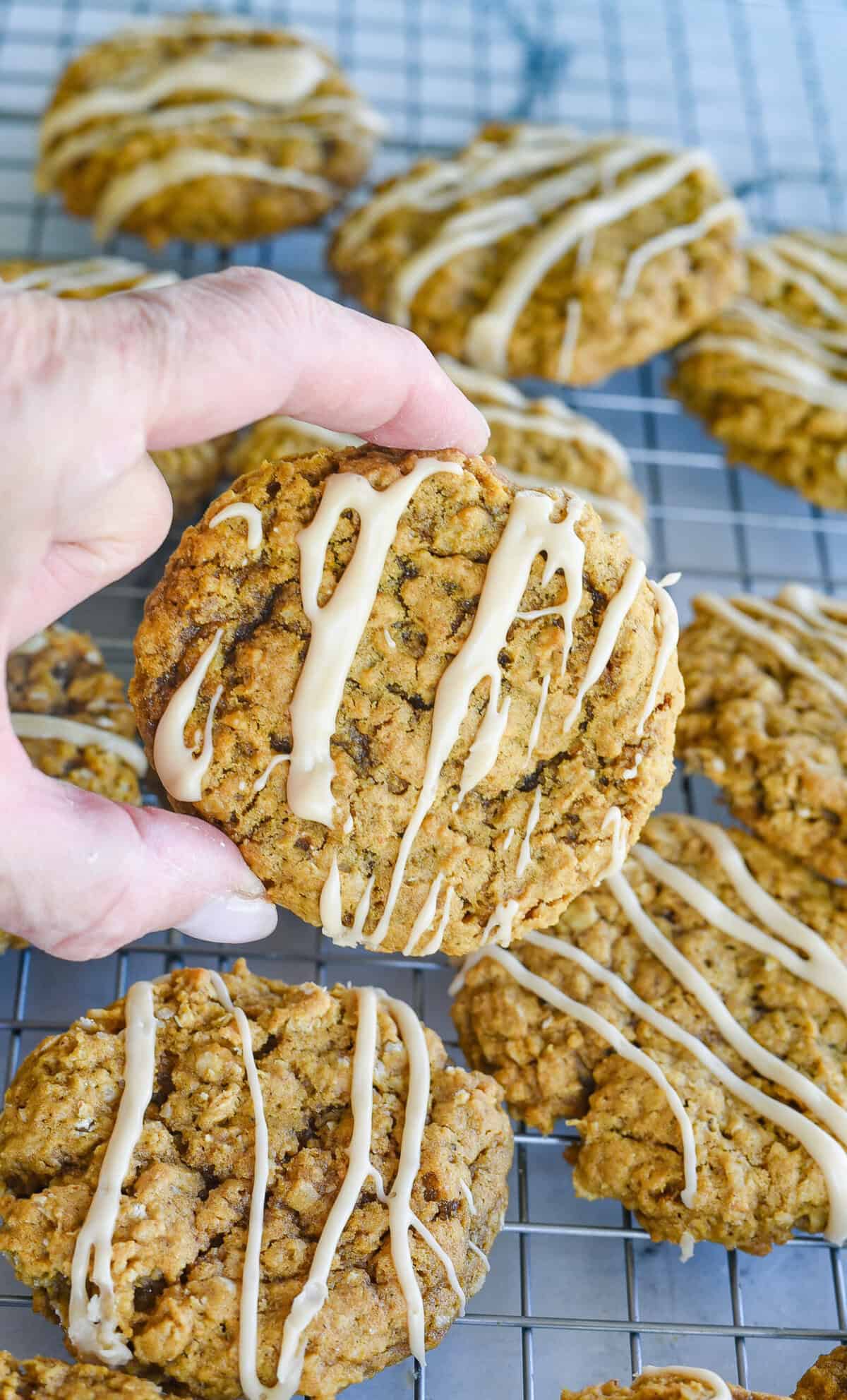 hand holding a pumpkin oatmeal cookie